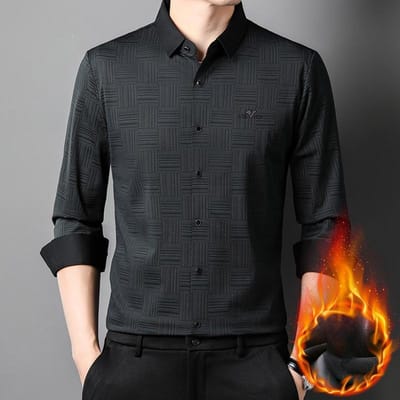 Nieuwe Herfst- en Winter Heren Velvet Lange Mouw Shirts voor Jonge en Middelbare Leeftijd Business Casual Bedrukt Patroon Warme Shirts 4XL black