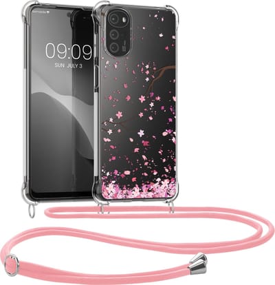 kwmobile telefoonhoesje geschikt voor Motorola Moto G22 - Hoesje met telefoonkoord - Back cover voor smartphone - Case in poederroze / donkerbruin / transparant
