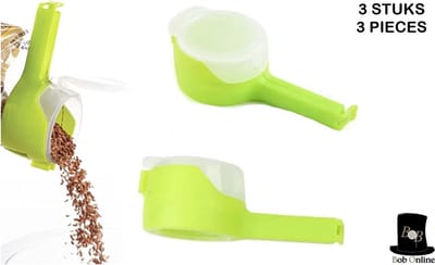 Bob Online™ - 3 Stuks – Groen – Vershoud Knijpers met Schenkdeksel – Zakafsluiter – Seal en Schenk Vershoud Knijpers – Vershoudclips – Afsluitclips – Zakklemmen – Sealing Clip with Pouring Mouth – Voedsel Bewaren Afsluitclips