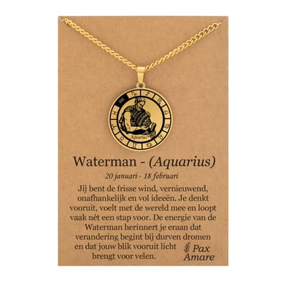 Sterrenbeeld Waterman (Aquarius) Ketting op Cadeau Kaartje - Goudkleurig - Roestvrij Staal Zodiac Talisman - Stainless Steel - 60cm - Pax Amare