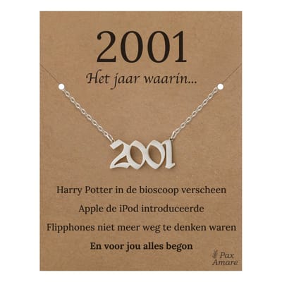 Jaartal 2001 Ketting op Cadeau Kaartje - Zilverkleurig Stainless Steel - 45cm - Met informatie over geboortejaar - Pax Amare