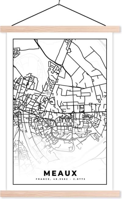 Posterhanger incl. Poster 40x60 cm - Schoolplaat - Stadskaart - Meaux - Plattegrond - Kaart - Frankrijk - Zwart wit - Textielposter - Blanke latten - Stadskaart