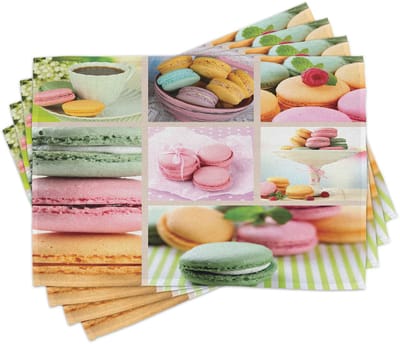 ABAKUHAUS Kleurrijke placemats – Traditionele Franse macaronenthema-collage met koffie-gourmet zoete print – Tafeldecoratie van kleurvaste stof voor eetkamer en keuken – Veelkleurig