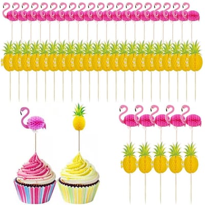 Dailygoods- Fruitplectrums 50 stuks - Flamingo's/Ananasplectrums - 3D-honingraatbal - Taartdecoratie - Fruitborden - Papier/Hout