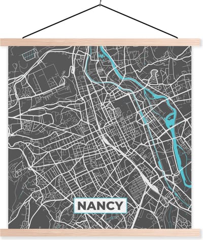 Posterhanger incl. Poster 40x40 cm - Schoolplaat - Nancy - Stad - Stadskaart - Plattegrond - Frankrijk - Textielposter - Blanke latten - Stadskaart