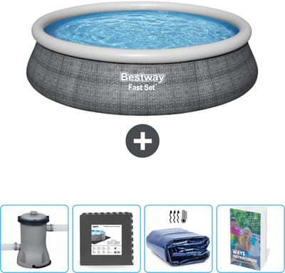 Bestway Rond Opblaasbaar Fast Set Zwembad - Rotanprint - 457 x 84 cm - Inclusief Pomp Vloertegels - Solarzeil - Zwembadgids