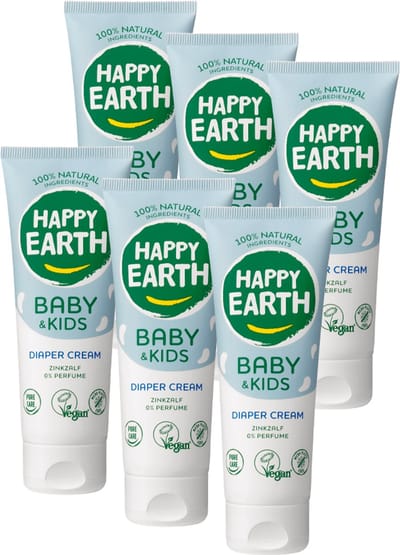 Happy Earth Bundel Zink Billencrème Baby & Kids - 100% Natuurlijke Ingrediënten - Microplasticvrij - Babyverzorging – Parfumvrij - Met zinkoxide – Luierzalf – Geschikt voor pasgeborenen – 6 x 75mL - Voordeelverpakking