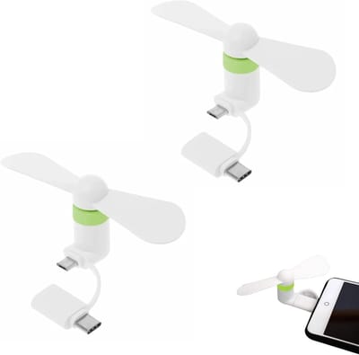 Thijox - Mini USB-ventilator voor Mobiele Telefoon, Draagbare Ventilator 2-in-1 voor Android-telefoons/USB type C, 2 Stuks Wit, Ideaal voor Camping, F