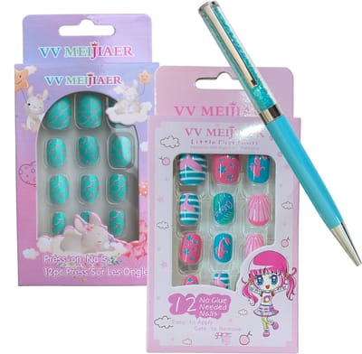 Plaknagels voor Kinderen - 2 x 12 Nepnagels - Gratis Diamant Pen - Geen Lijm Nodig - Strik