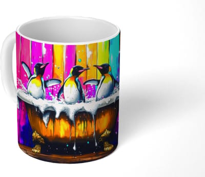 Mok - Koffiemok - Pinguïns - Badkuip - Kleurrijk - Schuim - Mokken - 350 ML - Beker - Koffiemokken - Theemok