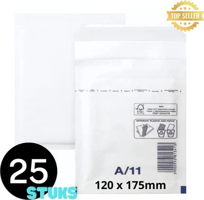 A11 Bubbel Enveloppen - 25 stuks - Binnenmaat 100 x 165mm - Buitenmaat 120 x 175mm - Zelfklevende strip - Luchtkussen enveloppen - Verzendzakken - Bubbel enveloppen