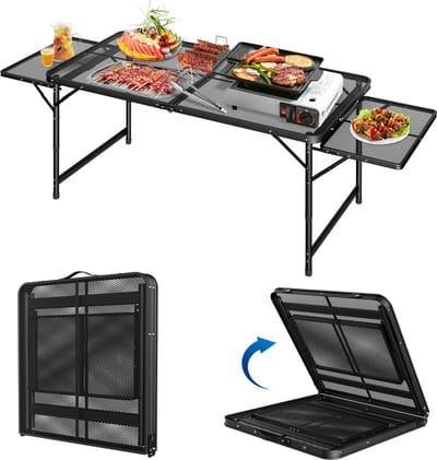 Froadp Table de Camping Pliante 120x60 cm, Table d'Appoint Extérieure avec Plateau en Grille Métallique, Table Pliante Hauteur & Largeur Réglables, Poignée de Transport, Table de Pique-nique (jusqu'à 176x60 cm)