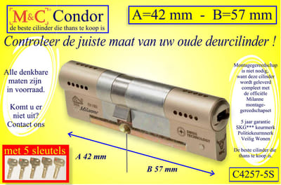 M&C Conder high-tech security deurcilinder 42x57 mm MET 5 SLEUTELS - SKG*** - Politiekeurmerk Veilig Wonen  -  inclusief MilaNNE gereedschap montageset