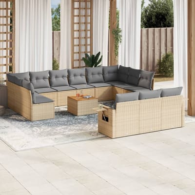 vidaXL - 14-delige - Loungeset - met - kussens - poly - rattan - gemengd - beige