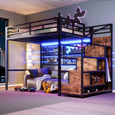 Hoogslaper met kledingkast en opbergtrap - Geschikt voor kinderkamer en tienerkamer - 140x200 cm - Zwart - 7-kleuren LED-strip - Ophangrooster - Open ruimte onder bed