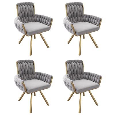 YEHTOKHOME Fluwelen Eetkamerstoelen- Draaistoel met armleuningen - Fauteuil - Make-upstoel - Velvet stoel voor woonkamer, eetkamer, slaapkamer - Gouden metalen poten - 360° graden draaibaar - Set van 4 - Grijs