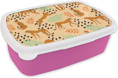 Broodtrommel Roze - Lunchbox - Brooddoos - Patroon - Jachtluipaard - Bladeren - 18x12x6 cm - Kinderen - Meisje