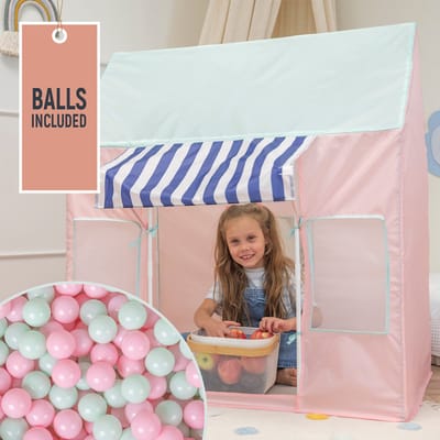 Selonis Kindertent Speelhuisje Met 100 Ballen Opvouwbaar IJssalon Voor Kinderen Speeltent Gemakkelijk Op te zetten Stimuleert Verbeelding En Creativiteit Ideaal Voor Binnen En Buiten, Roze-Mint:Poederroze/Mint