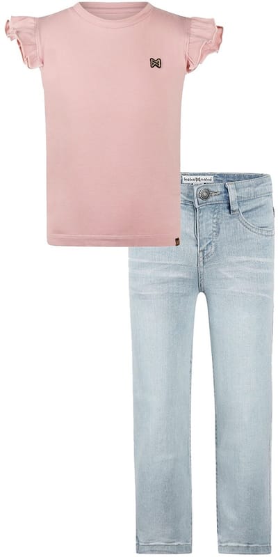 Koko Noko - Kledingset - Basic Collection - Bio Cotton - Blue Jeans Wide leg - Shirt Korte mouw Dusty pink - Maat 92