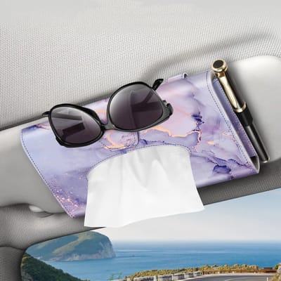 Dailygoods - CaseBot Zakdoekhouder voor autovizier: zonnevizier-servettenhouder, maskerhouder voor de auto, zakdoekbox van PU-kunstleer voor de achterbank in auto, vrachtwagen en SUV, marmer, paars