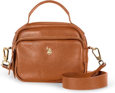 U.S. POLO ASSN. Leren Handtas Schoudertas Arlington Crossbody With Pocket Cognac Bruine