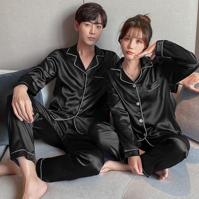Koppel Nieuwe Pyjama's Dames Kunstzijde Dun Heren Revers Lange Mouwen Broek Lente Herfst Zomer Loungewear IJs Valentijn 2XL zwart