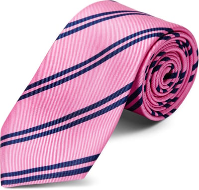 Roze 8 cm Brede Zijden Stropdas met Dubbele Marineblauwe Strepen