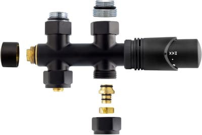 H&F Design Radiatorkraan Thermostatisch – Middenaansluiting – Recht – Vloeraansluiting – Mat Zwart
