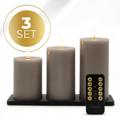 KENN® GlowPro™ Oplaadbare LED Kaarsen – Set van 3 – Taupe – Tot 400 Branduren – Met Afstandsbediening & Timer – Magnetisch Oplaadstation – Bewegend Vlameffect – LED Kaarsen Oplaadbaar – LED Stompkaarsen – LED Kaarsen met Flikkerende Vlam – Horeca