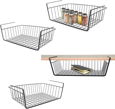 Famanu – Opbergmand onder plank - hangende metalen draad opbergmand - organizer voor onder plank - verwijderbaar voor keuken - kasten - planken - kast - badkamer - kantoor (4 stuks zwart)