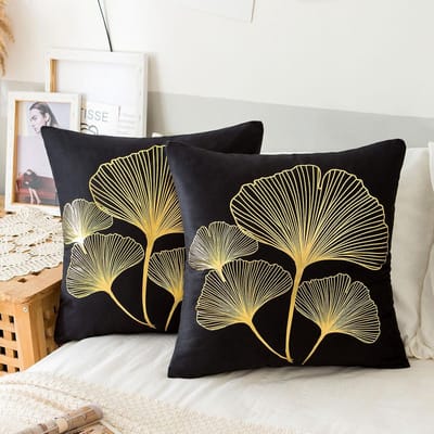 Famanu - Fluwelen kussenhoezen 45x45 cm zwart set 2, gouden ginkgo patroon, decoratieve sierkussens met rits voor bank