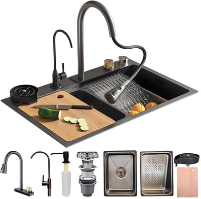 Dailygoods- Spoelbak RVS Waterval Combo - Enkele Kom - Uittrekbare Kraan - Werkstation - Inclusief Accessoires - Afmetingen 68x45cm - Keukenwasbak