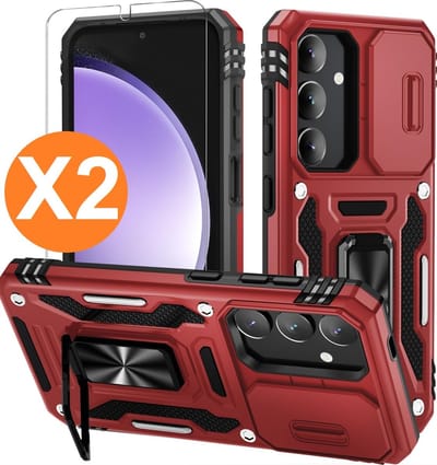 Hoesje Geschikt voor Samsung Galaxy S24 Plus hoesje backcover Rood met Met Draaibare Ring Houder en camera bescherming - Galaxy S24 Plus Screenprotector - 2 stuks