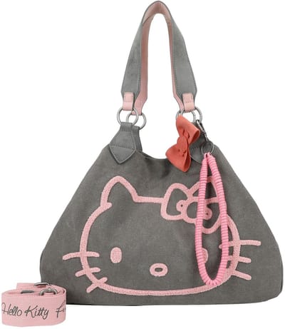 Fritzi aus Preußen Schoudertas Izzy Hello Kitty Head Flocked Canvas Anthra Cat Donkergrijs