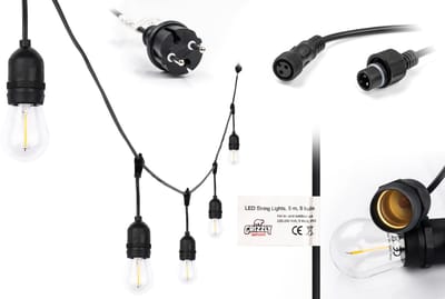 Grizzly Outdoor LED Prikkabel 10m – Warm Wit – 10x LED Filament Lampen E27 | Totale Lengte 13m | IP65 Waterdicht & Koppelbaar tot 500m | Lichtslinger Buiten Tuin, Feest & Terras