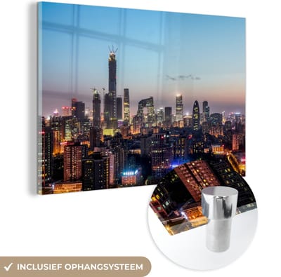 ® Glasschilderij 180x120 cm - Schilderij acrylglas - Skyline met kleurrijke lucht boven Beijing - Foto op glas - Muurdecoratie woonkamer - Wanddecoratie slaapkamer - Schilderijen