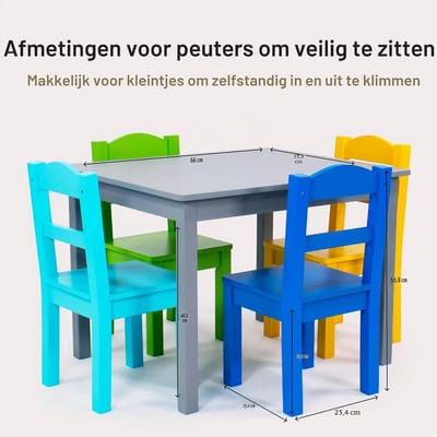Humble Crew Kindertafel en stoelen, hout, grijs/blauw/groen/geel, 66 x 52 x 49 cm