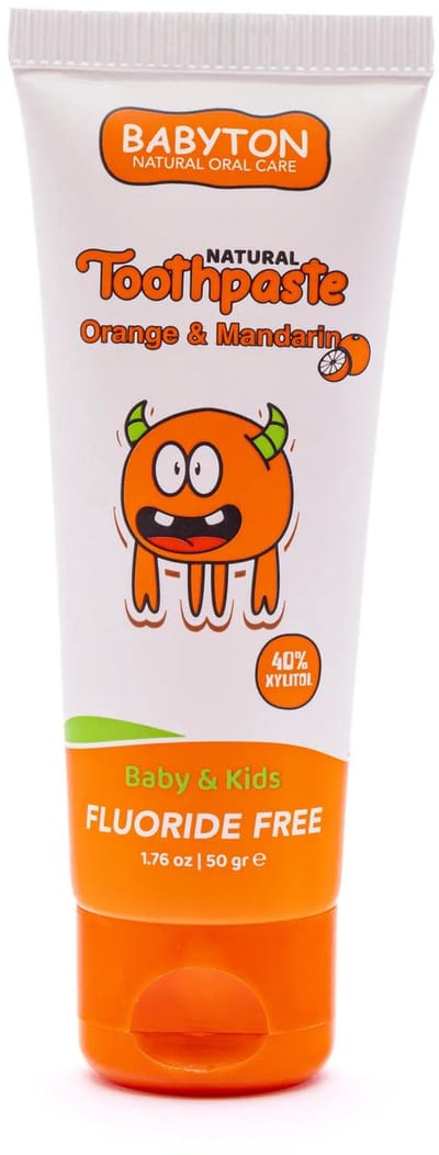 BABYTON - Natuurlijke Tandpasta Fluoridevrij - Sinaasappel & Mandarijn - Veilig om in te slikken - Baby en kind - 50g