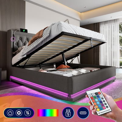 Gestoffeerd tweepersoonsbed 180*200 cm, grijs katoen, hydraulisch opbergbed, gewatteerd hoofdeinde met USB Type-C oplaadfunctie, 3-zijdige LED-verlichting (matras niet inbegrepen)