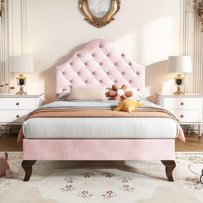 VVBV Gestoffeerd Eenpersoonsbed 90x200 cm - Lattenbodem, Voor Kinderen/Tieners, Houten Lattenbodem - Hout/Fluweel Roze