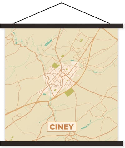 Posterhanger incl. Poster 60x60 cm - Schoolplaat - Plattegrond - Kaart - Stadskaart - Ciney - België - Vintage - Textielposter - Zwarte latten - Stadskaart
