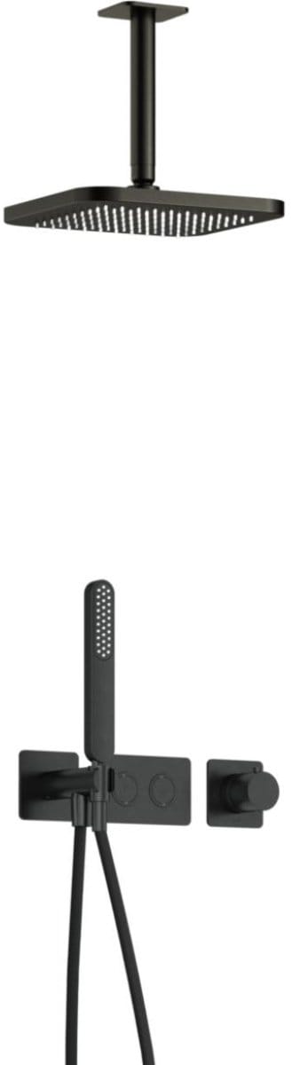 Hotbath Gal IBS41 inbouw regendoucheset met staafhanddouche aan houder en 22cm vierkante hoofddouche aan 15cm plafondarm geborsteld gunmetal PVD
