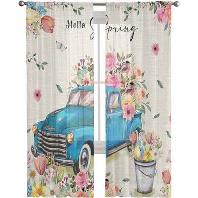 Lente Bloemenwagen Transparante Raamgordijnen Voor Woonkamer Keuken Kinder Slaapkamer Voile Hangend Gordijn 135W x 114H(cm) white