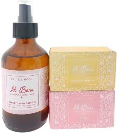 Al Bara Rozenwater Cadeauset – Rozenwater 200ml & 2 Syrische Zepen (Rozenbloesem & Jasmijn) – Cadeau voor Vrouwen