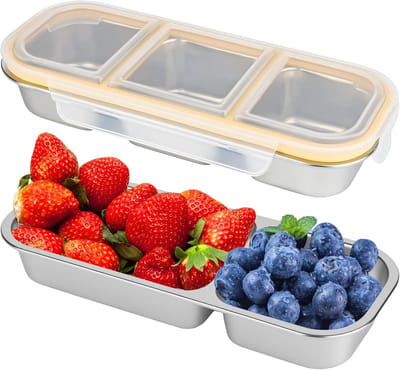 Famanu – Snackbox met vakken, 2 en 3 vakken, roestvrijstalen bentobox, herbruikbare voedselbewaardoos voor volwassenen met luchtdicht deksel, lunchboxen voor kinderdagverblijf, school, werk, reizen (600 stuks)