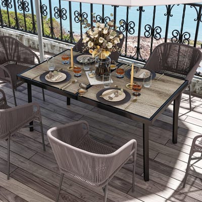 Tuintafel - Ruime Eettafel Voor 6 Personen Met Houtlook Tafelblad - Voor Tuin Terras En Balkon - Staal En Kunststof - 145x85x72 Cm - Grijs