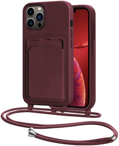 Hoes Geschikt voor iPhone 13 Pro Hoesje Pasjeshouder Cover Met Koord Case Siliconen Hoes Met Telefoonkoord en Kaarthouder - Aubergine