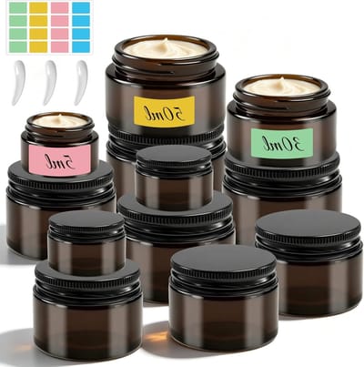 Set van 12 Amber Glazen Lege Potjes 50ml, 30ml en 5ml voor Crèmes, Cosmetica en Lotions - Herbruikbare Opbergpotjes voor Thuisgebruik