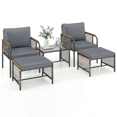 KOMFOTTEU 5-delig Tuinmeubelset voor buiten, met kussens, tuinmeubelen van rotan met 1 salontafel van gehard glas, 2 stoelen en 2 voetenbankjes, voor balkon, terras, patio