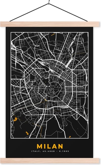 Posterhanger incl. Poster 40x60 cm - Schoolplaat - Kaart - Milaan - Plattegrond - Goud - Stadskaart - Textielposter - Blanke latten - Stadskaart